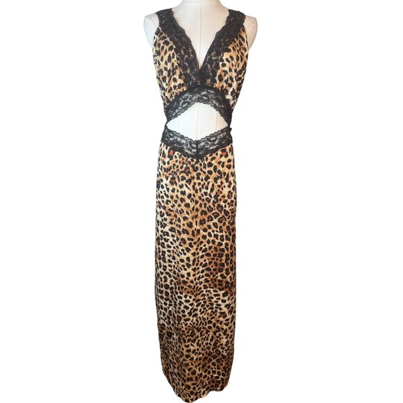 NWT PrettyLittleThing Size 16 Leopard Print Maxi Dress Black Lace Detail - Picture 3 of 15